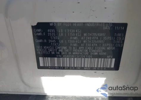 2015 Subaru Outback 2.5I Premium from USA, damaged, VIN 4S4BSAEC5F3261106